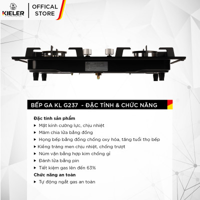 Bếp gas mặt kính cường lực KIELER KL-G237 tiết kiệm gas, công suất mạnh 4500W, mặt bếp chịu nhiệt tốt - Hàng chính hãng