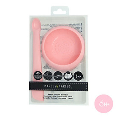 Bộ bát và thìa nghiền thức ăn silicon cho bé Marcus & Marcus, từ 6 tháng - Hồng