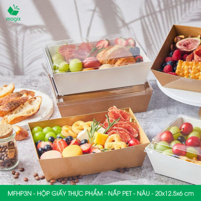 MFHP3N - 20x12.5x6 cm - 100 hộp giấy kraft thực phẩm màu nâu nắp Pet, hộp giấy chữ nhật đựng thức ăn, hộp bánh nắp trong