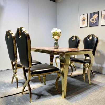 Bàn ăn mặt đá cẩm thạch nhân tạo cao cấp khung inox mạ vàng kết hợp ghế Queen khung thép mạ vàng PVD