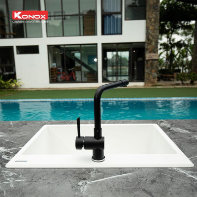 Vòi rửa bát nóng lạnh xoay 360 độ KONOX Felix Black, bề mặt xử lý mạ PVD Granite, lõi hợp kim đồng 61% tiêu chuẩn Châu Âu CW617N