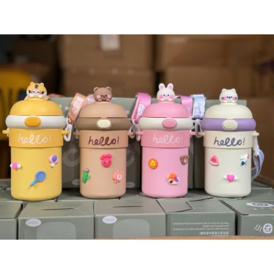 Cốc Giữ Nhiệt Trẻ Em 510ml Có Ống Hút, Cốc Đeo Chéo Hoạt Hình Dễ Thương Cho Bé Gái, Bình Nước Uống Tiện Lợi - HÀNG CHÍNH HÃNG MINIIN