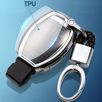 Ốp, bọc chìa khóa silicon màu tráng gương bảo vệ chìa khóa cho xe Mercedes kèm móc đeo INOX - 2 Nút