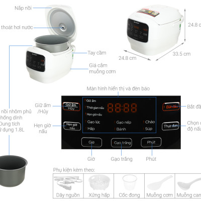 Nồi cơm điện tử Sharp 1.8 lít KS-COM183MV-WH - Hàng chính hãng