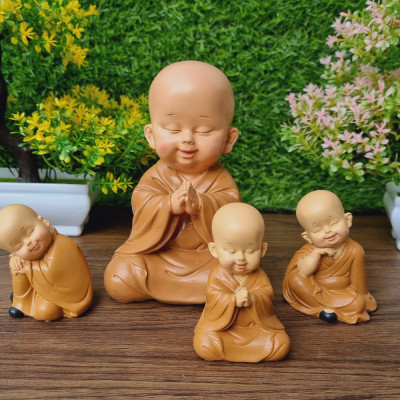 Bộ 03 chú tiểu áo nâu - mẫu ngồi an nhiên size mini 7cm