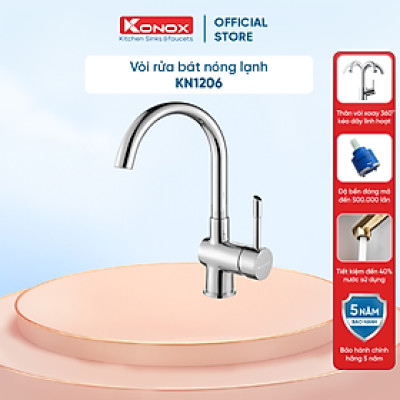 Vòi rửa bát nóng lạnh xoay 360 KONOX KN1206 hợp kim đồng 61% tiêu chuẩn Châu Âu CW617N, bề mặt xử lý công nghệ PVD Chrome 5 lớp