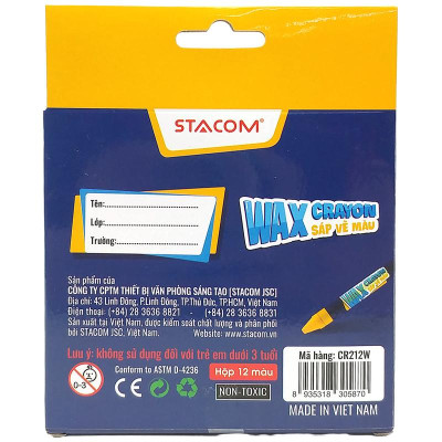 Hộp 12 Bút Sáp Màu Wax Crayon - Stacom CR212W