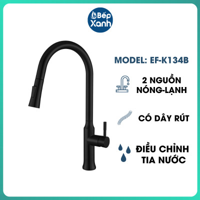 Vòi Rửa Chén Nóng Lạnh Pull-down Ecalite EF-K134B - Có Dây Rút - Điều Chỉnh Tia Nước - Đồng Thau Sơn Đen - Hàng Chính Hãng