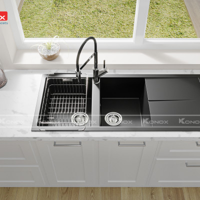 Vòi rửa bát thân mềm Konox, Model Bian, Bề mặt mạ PVD Chrome 5 lớp, Lõi đồng tiêu chuẩn CW617N, Linh kiện phụ trợ dòng chảy nhập khẩu châu Âu, Bảo hành chính hãng 5 năm, Hàng chính hãng