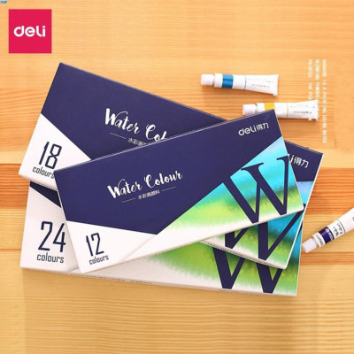 Màu nước dạng tuýp cao cấp 12ml Deli - màu nước hòa tan che phủ tốt - 12 màu/18 màu/24 màu - 73850 / 73851 / 73852 .