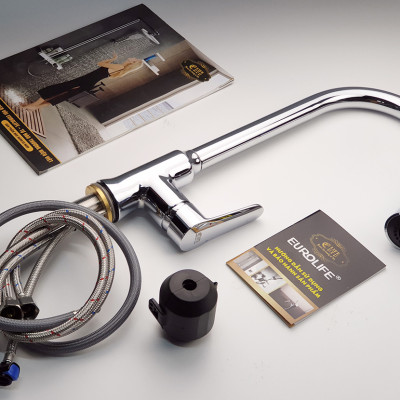 Vòi Rửa Chén Nóng Lạnh Dây Kéo Đồng Mạ Chrome Eurolife EL-KM05 (Trắng bạc)