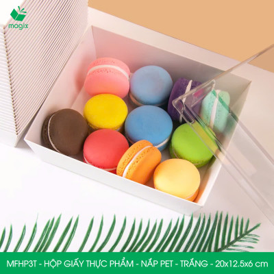 MFHP3T - 20x12.5x6 cm - 50 hộp giấy thực phẩm màu trắng nắp Pet, hộp giấy chữ nhật đựng thức ăn, hộp bánh nắp trong