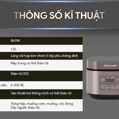 Nồi Cơm Điện Tử BlueStone RCB-5946 - Dung Tích 1,5 lít - Công suất 860W - Lòng nồi phủ chống dính cao cấp an toàn sức khỏe - 6 chế độ cài đặt sẵn - Bảo hành 2 năm - Hàng chính hãng
