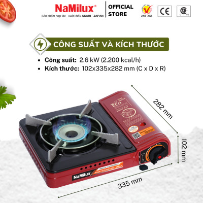 Bếp Gas Mini/ Du Lịch NaMilux PL1911PF - Màu Đỏ│Van Ngắt Gas An Toàn Inline-Cut│Công Suất 2.6 Kw - Hàng Chính Hãng