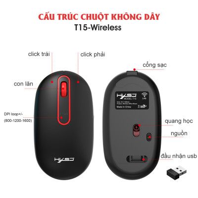 Chuột không dây HXSJ T15 wireless 2.4G tự sạc pin siêu mỏng không gây tiếng ồn chuyên dùng cho Máy tính, pc, Laptop, Tivi - Hàng chính hãng