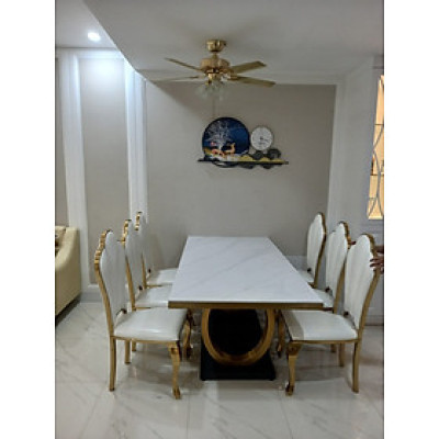 Bộ bàn ghế phòng ăn cao cấp Juno sofa mặt trắng vân mây, đế tròn mạ PVD kèm 6 ghế 