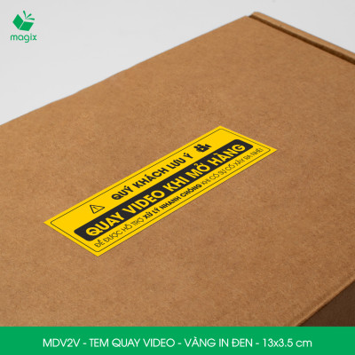 500 Tem chú ý quay video trước khi mở hàng, decal dán hộp - 13x3,5 cm - Vàng in đen - MDV2V