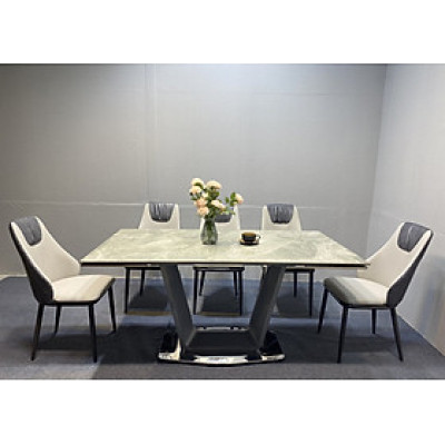 Bộ bàn ghế phòng ăn Tundo mặt đá ceramic, chân inox mạ titan kèm 5 ghế