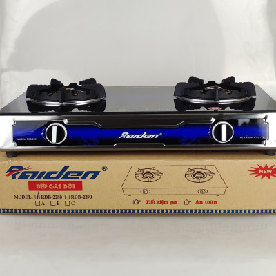 Bếp ga đôi kiếng cường lực Raiden RDB2280, đầu đốt đồng mũ nguyên khối lửa xanh, kiềng gang-Hàng chính hãng