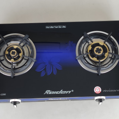 Bếp ga đôi kiếng cường lực Raiden RDB2280, đầu đốt đồng mũ nguyên khối lửa xanh, kiềng gang-Hàng chính hãng