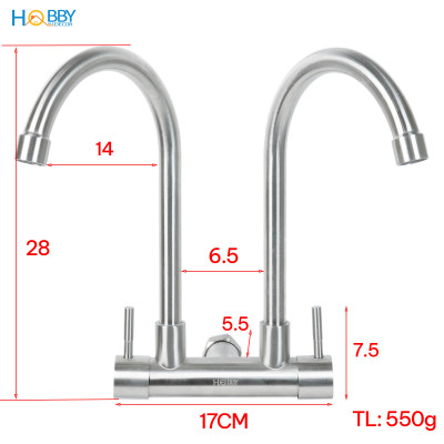 Vòi rửa chén gắn tường 2 đầu xả inox 304 Hobby home decor G2D