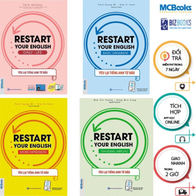 Sách - Restart Your English - Yêu Lại Từ Đầu Tiếng Anh - Traveling Abroad + More Expression + Basic Grammar +  Daily Life - Combo 4 Cuốn - MCBooks