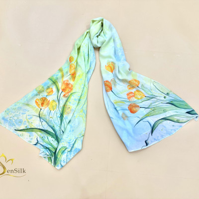 100% Mulberry Silk Scarf Water Marble Hand Painted - Khăn Lụa Cao Cấp Sen Silk Thuỷ Ấn Tulip - Quà Tặng Đẳng Cấp - Vietnam Handmade Gift
