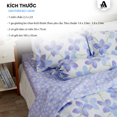 Bộ Ga Giường Mền Chần Bông 5 Món Hyacinth Flowers Mềm Mại 100% Cotton Tự Nhiên A2Z Home