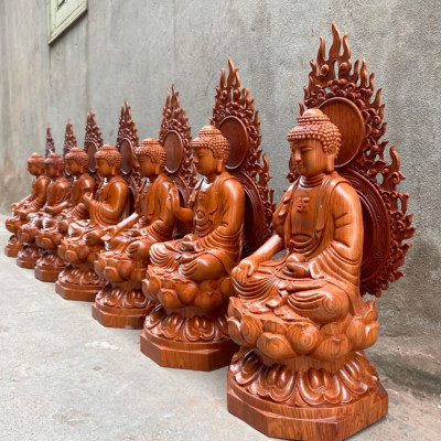 BỘ ĐIÊU KHẮC TƯỢNG PHẬT THẤT PHẬT DƯỢC SƯ BẰNG GỖ HƯƠNG ĐÁ KT CAO 50×25×26CM + LÁ CHẮN HÀO QUANG CAO TỔNG 60CM 