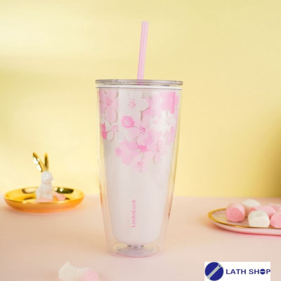 Ly Nhựa 2 Lớp Cherry Blossom Kèm Ống Hút LocknLock Dung Tích  750ML - HAP509 -Màu Trắng và Hồng