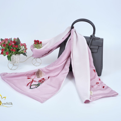 Khăn Lụa Thêu Handmade Cô Gái Nón Lá 2 Màu Sen Silk, 100% Silk Scarf Embroidery, Quà Tặng Thủ Công, Khăn Lụa Đẹp Thêu Tay