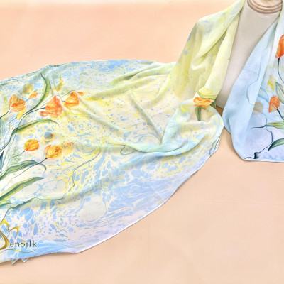 100% Mulberry Silk Scarf Water Marble Hand Painted - Khăn Lụa Cao Cấp Sen Silk Thuỷ Ấn Tulip - Quà Tặng Đẳng Cấp - Vietnam Handmade Gift