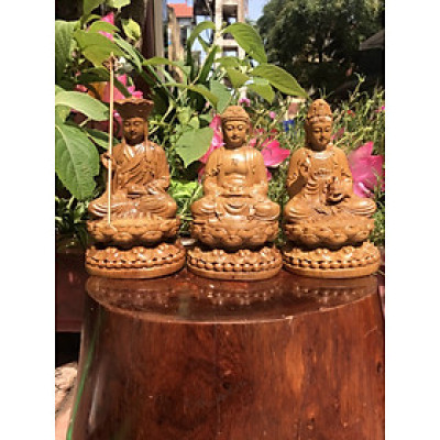 Tượng tây phương tam thánh mini bằng gỗ bách xanh thơm nức kt cao 15×9cm