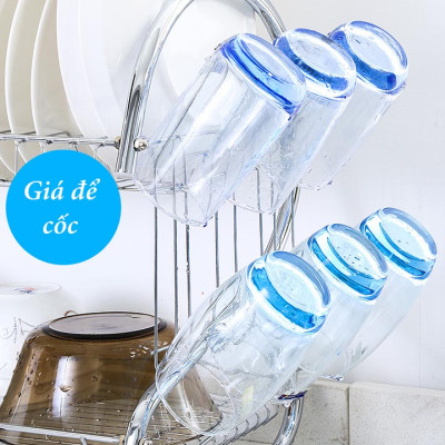 Giá kệ úp bát đĩa inox 2 tầng hình chữ S đa năng, có ống đựng đũa và giá treo ly bên hông, có khay nhựa hứng nước - Hàng chính hãng