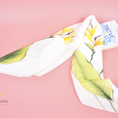 Khăn Lụa Bảo Lộc Vẽ Tay Hoa Thiên Điểu SenSilk, Quà Tặng Khăn Lụa Tơ Tằm