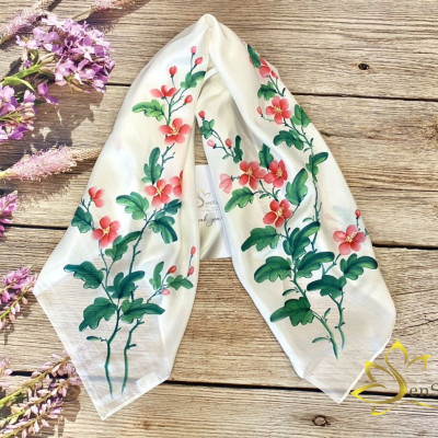 Khăn Vuông Lụa Tơ Tằm Vẽ Tay Hoa Mugunghwa Hàn Quốc, Quà Tặng Người Nước Ngoài