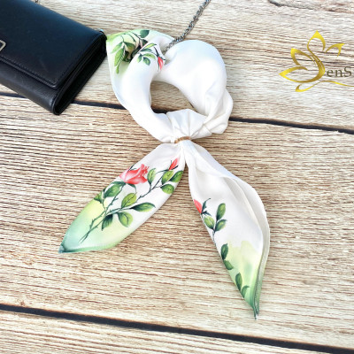 Khăn Lụa Quấn Túi Cao Cấp Vẽ Tay Hoa Hồng SenSilk, Khăn Lụa Tơ Tằm Quấn Cổ Thắt Nơ 55x55cm