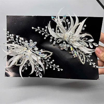 Cài tóc cô dâu lông vũ trắng hết hạt hoa pha lê mới t12/2024