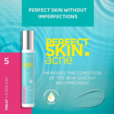 Lăn ngừa mụn Eveline Perfect Skin Acne kháng khuẩn và làm dịu da 15ml_[Tặng kèm mặt nạ Hàn Quốc cao cấp]
