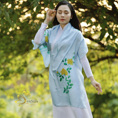 Khăn Lụa Bảo Lộc Vẽ Tay Rose SenSilk180x55cm, Hand Drawing Silk Scarf, 100% Silk made in Vietnam