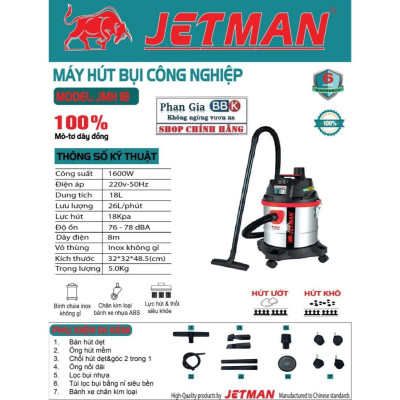 [chính hãƞg] Máy hút bụi KHÔ ƯỚT JETMAN 18L CÔNG SUẤT 1600W, CÓ CHỨC NĂNG THỔI, 100% DÂY ĐỒNG