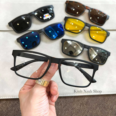 Kính Mắt Thời Trang Cận Râm, Gọng Kính Cận Bộ 5 Tròng Râm 6in1 Mắt Vuông Unisex Cho Nam Nữ