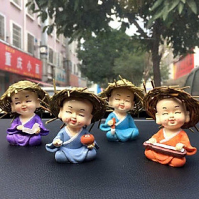 Bộ 4 chú tiểu nón rơm Cầm kỳ thi hoạ - Trang trí hồ cá, xe hơi, bàn làm việc,... (Hàng loại 1 sắc nét)