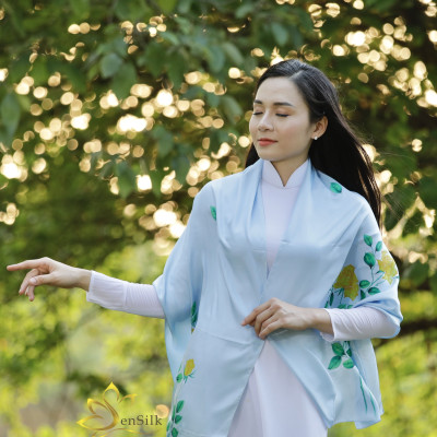 Khăn Lụa Bảo Lộc Vẽ Tay Rose SenSilk180x55cm, Hand Drawing Silk Scarf, 100% Silk made in Vietnam