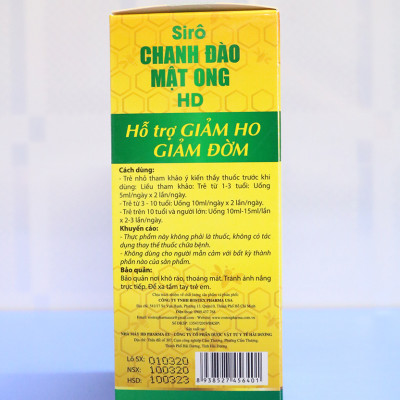 Siro ho cho bé Chanh Đào Mật Ong giảm ho, giảm đờm, giảm viêm họng cho bé từ 1 tuổi - Chai 100ml thành phần chanh đào, mật ong, kim ngân hoa, mơ muối, cam thảo