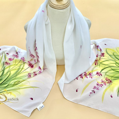 Hand Painted Silk Scarf - Khăn Lụa Cao Cấp Vẽ Tay Hoa Oải Hương SenSilk 160x55cm, Quà Việt Nam Tặng Khách Nước Ngoài
