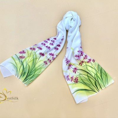 Hand Painted Silk Scarf - Khăn Lụa Cao Cấp Vẽ Tay Hoa Oải Hương SenSilk 160x55cm, Quà Việt Nam Tặng Khách Nước Ngoài