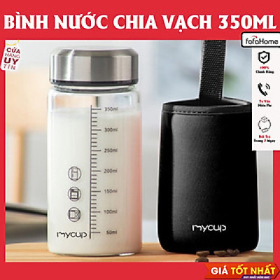 Bình Nước Sữa Thủy Tinh 350ml Nắp Inox Di Động Ăn Sáng Cà Phê Nước Ép Trà Sữa Chia Vạch Tặng Kèm Túi Giao Màu Ngẫu Nhiên