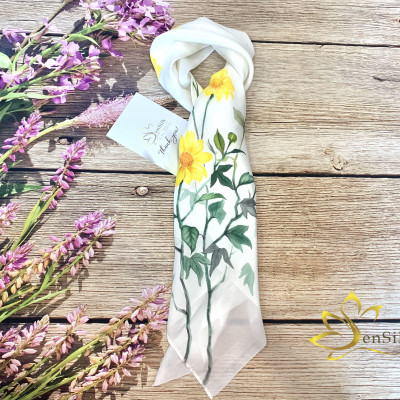 Khăn Lụa Vuông Vẽ Hoa Dã Quỳ SenSilk 90x90cm, Painting Silk Scarves for Women, Khăn Quàng Cổ Thời Trang