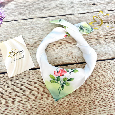 Khăn Lụa Quấn Túi Cao Cấp Vẽ Tay Hoa Hồng SenSilk, Khăn Lụa Tơ Tằm Quấn Cổ Thắt Nơ 55x55cm